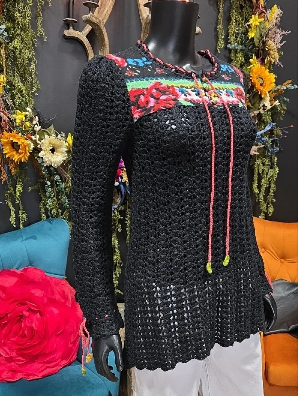 Rare! Free People Black Crochet Tunic with Red & Green Floral Yoke